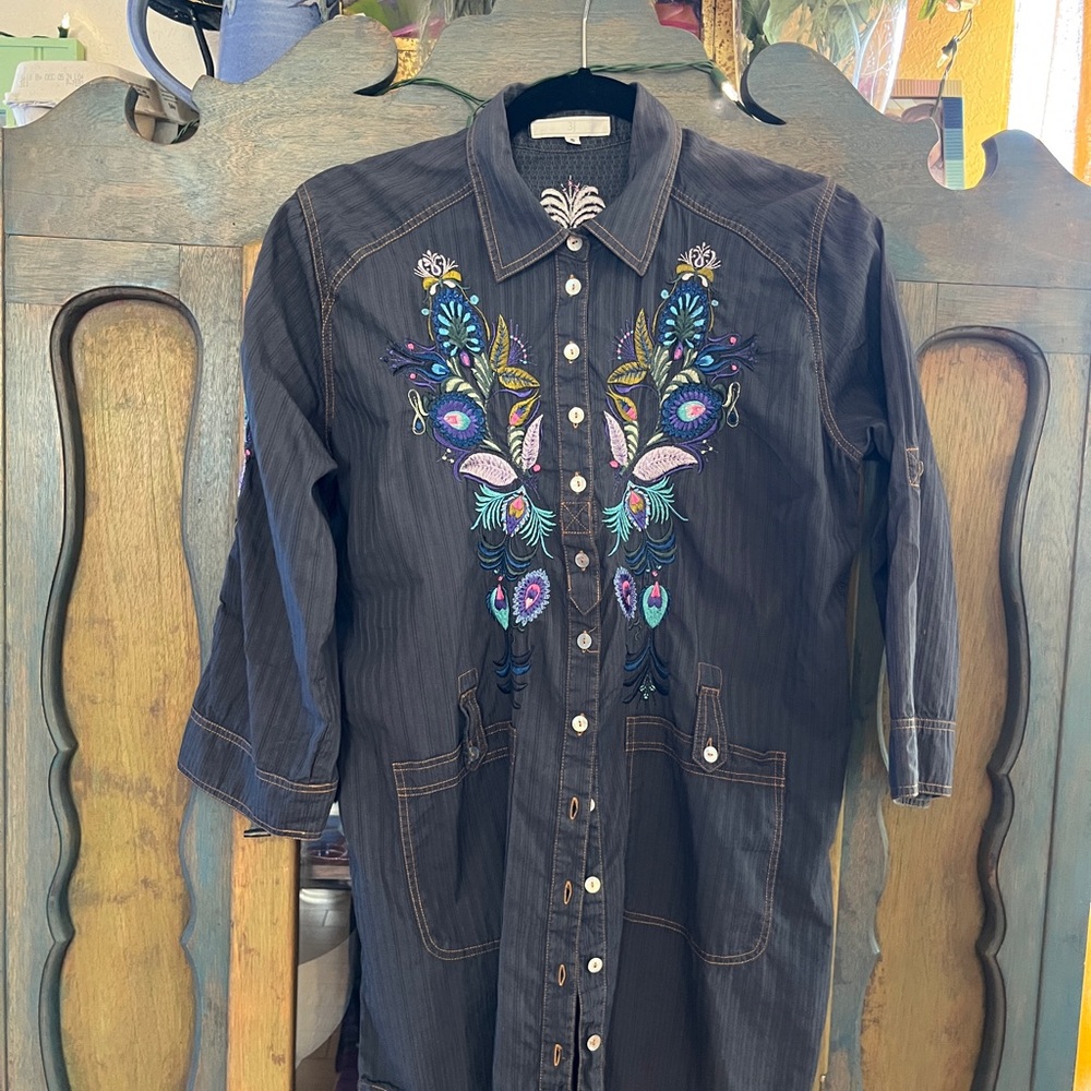 Embroidered Denim Color Button-Up Shirt
